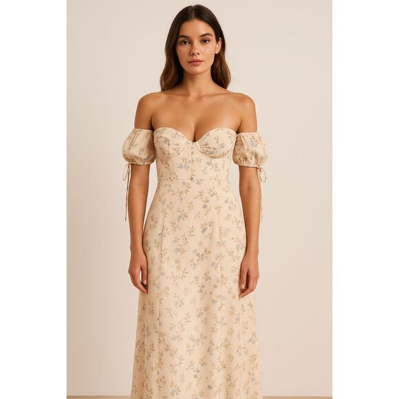 ADEIRLINA Bardot Floral Midi Dress Yellow NWT XS - Picture 1 of 6